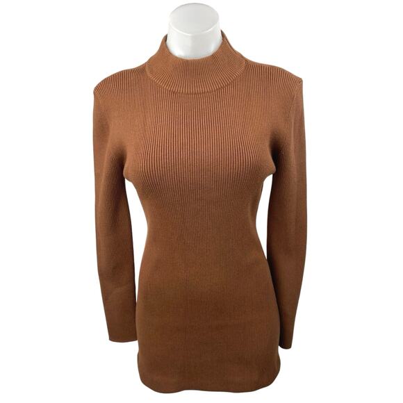 Line and Dot Brown Rib Knit Mock Neck Long Sleeve Mini Bodycon Sweater Dress S - Picture 1 of 3
